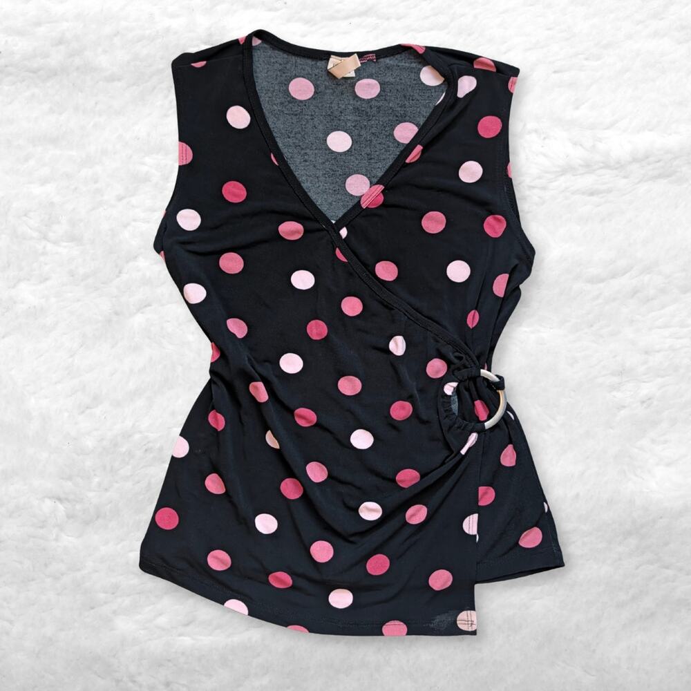 rare vintage susan lawrence pink polka dot o-ring wrap top